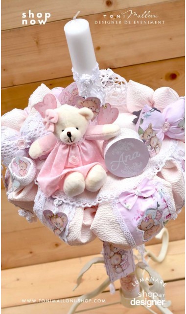 Lumanare de botez cu ursuleti roz, dantela roz si pattern floral cu trandafiri Teddy Bear Pink 4